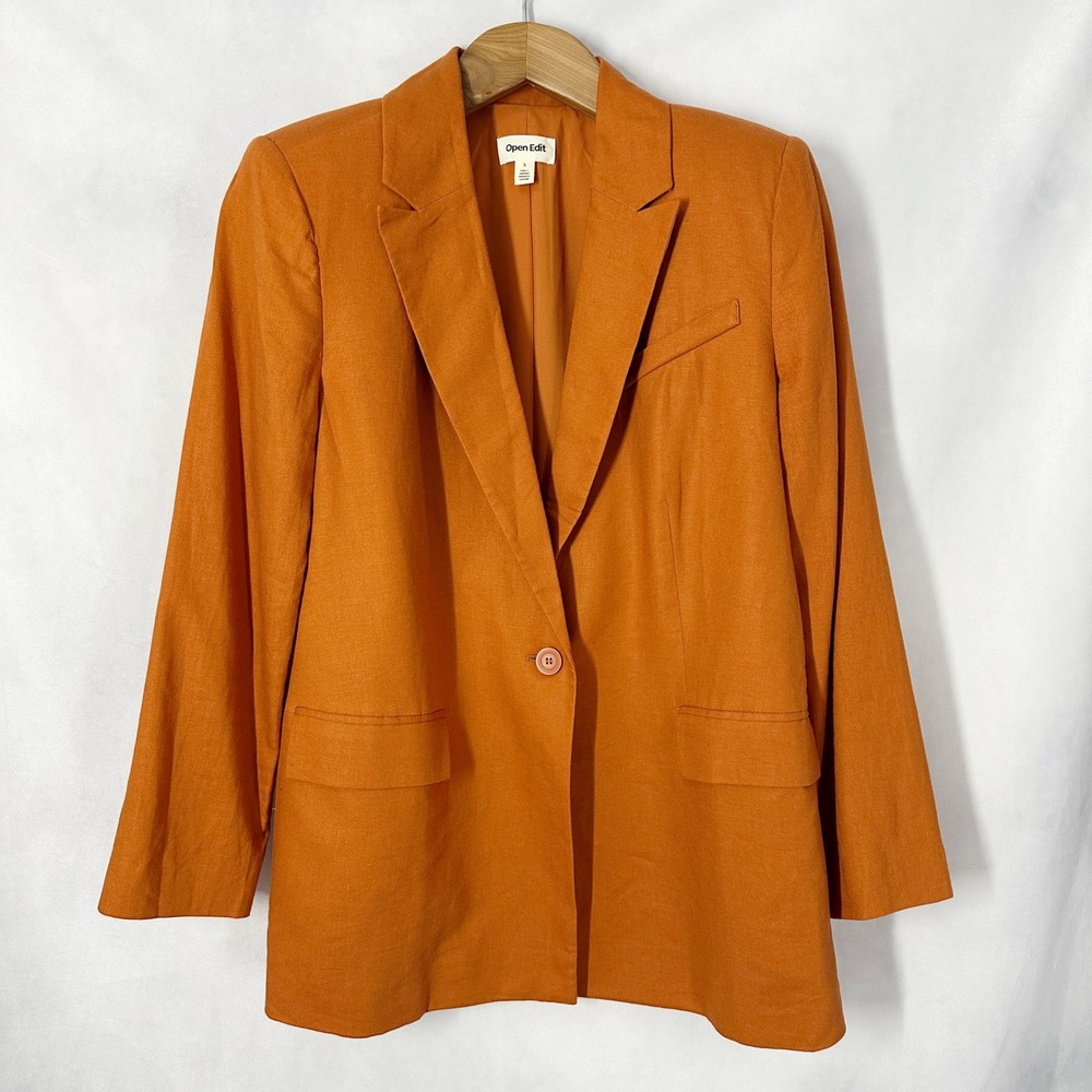 Open Edit Linen Burnt Orange Single Button Oversize Blazer Women's Size Small - Picture 2 of 13
